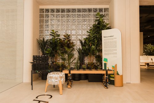 Large plants and wood elements for event backdrop